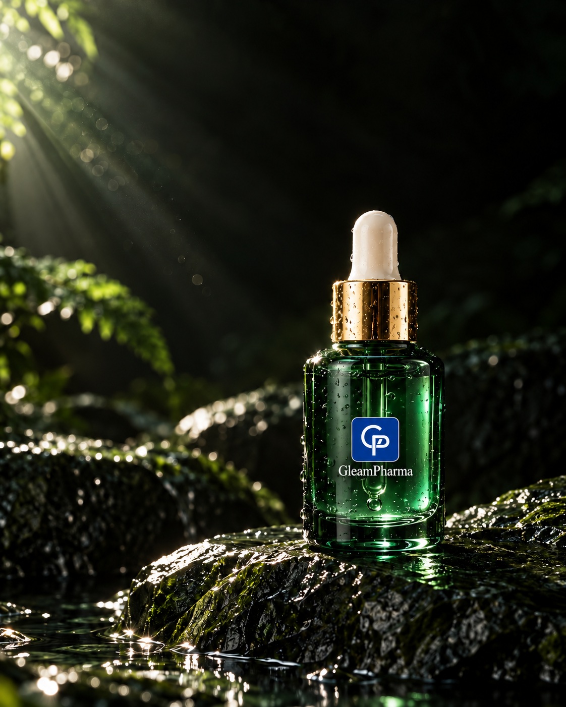 Emerald GleamPharma serum in dramatic light